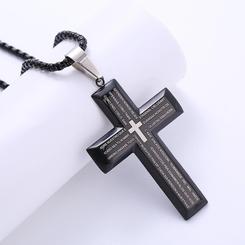 Kruis Hanger Ketting Roestvrij Staal Spaans Onze Vader Laser Gegraveerd Religieuze Retro Sieraden Voor Dames Heren