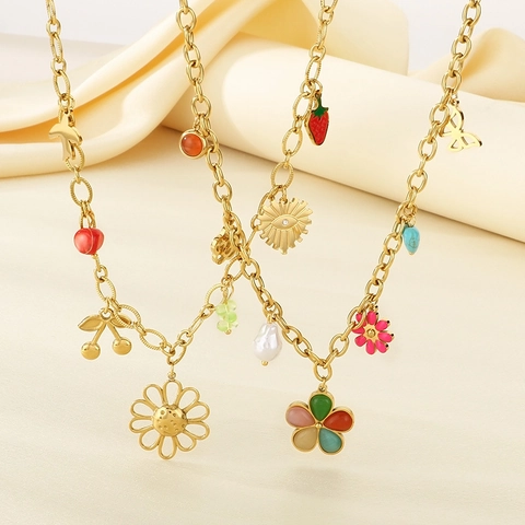 Collana Multiondoli In Acciaio Inossidabile Per Donna Con Pendenti In Smalto Colorato Frutta Fiori Farfalle Gioielli Placcati Oro