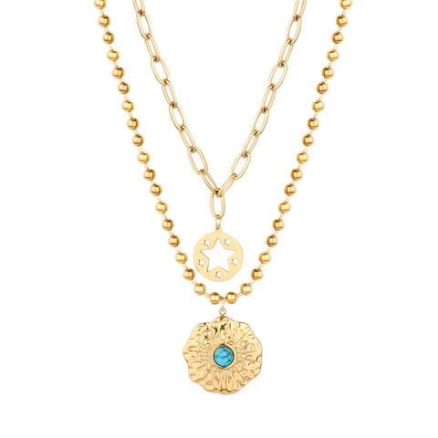 Collier Double Épaisseur En Acier Inoxydable Plaqué Or Avec Pendentif Turquoise Bijoux Style Bohème Vintage Femmes