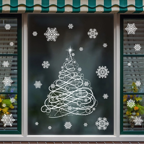Christmas Window Stickers White Snowflake Christmas Tree Decals Static Cling PVC Removable Glass Door Decor For Holiday Party Home