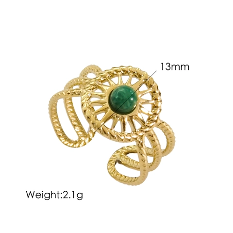 Vintage Bohemian Stainless Steel Open Ring For Women Sun Pattern Inlaid Natural Stone Adjustable Fashion Jewelry Ring