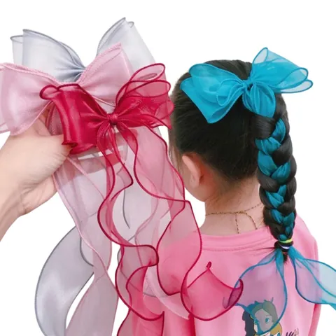Organza Bow Hair Clip With Long Ribbons Streamers Princess Sweet Hairbow For Girls Toddlers Fairy Hair Accessories