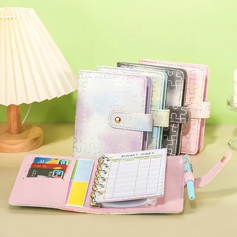 Texture De Puzzle Holographique Budget Binder Carnet De Poche Cuir PU Organisateur À Anneaux Pour Défi D'Épargne Planificateur