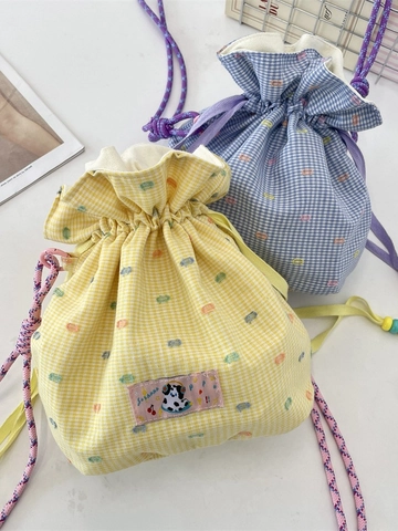 Süße Gingham Umhängetasche Mit Kordelzug Polyester Unterarm Schultertasche Mit Cartoon Aufnäher Bunten Webriemen