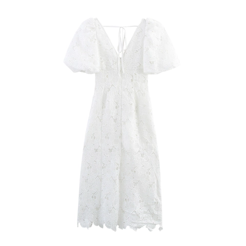 Dames Witte Kant Maxi Jurk Pofmouwen Vierkante Hals Rugveters Sexy Elegant Zomer Borduurwerk Bodycon Lange Jurk