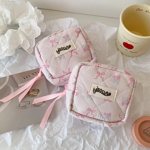 Sweet Girly Quilted Cotton Storage Bag Floral Bowknot Mini Cosmetic Pouch Portable Jewelry Organizer For Women Students