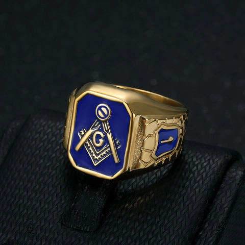 Anello Massonico da Uomo Vintage in Acciaio Inossidabile Smalto Blu Massoneria Hip Hop Squadra Compasso G Anello con Sigillo Gioielli