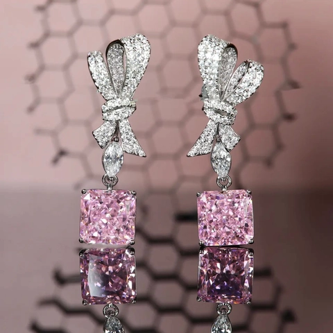 Strik Drop Oorbellen Koper Met Radiant Geslepen Vierkante Zirkoon In Roze Of Geel Luxe Zoet Elegante Sieraden Dames