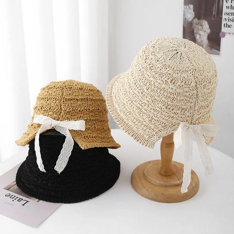 Damen Fischerhut Häkelstrick Stroh Sonnenschutz Spitze Schleife Atmungsaktiv Sommer Strand Elegant Faltbar Sonnenkappe