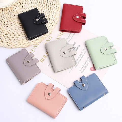 Minimalist Card Holder Wallet PU Leather Lychee Pattern Snap Button Closure Multi Slots Organizer For Women Men