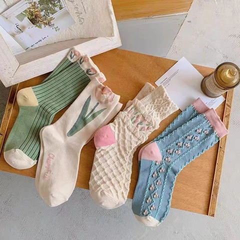 Calze Metà Polpaccio Donna Misto Cotone Ricamo Tulipano Jacquard Floreale Retro Artistico Bordo Arricciato Moda Casual