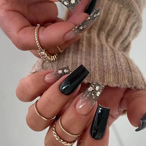 Glossy Black And Silver Glitter Ombre Press On Nails Long Square Shape Elegant Artificial Manicure For Women