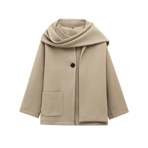 Cappotto Donna con Collo a Sciarpa Effetto Misto Lana Bottone Singolo Giacca Larga Manica Lunga Autunno Inverno Elegante