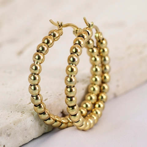 Orecchini A Cerchio Con Perline Placcati Oro 14K Donna 304 Acciaio Inossidabile Forma C Perno In Acciaio Inossidabile