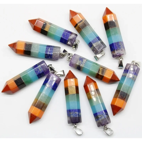 Natural Gemstone 7 Chakra Pendant Hexagonal Pillar Pointed Crystal Healing Spiritual Jewelry Accessory
