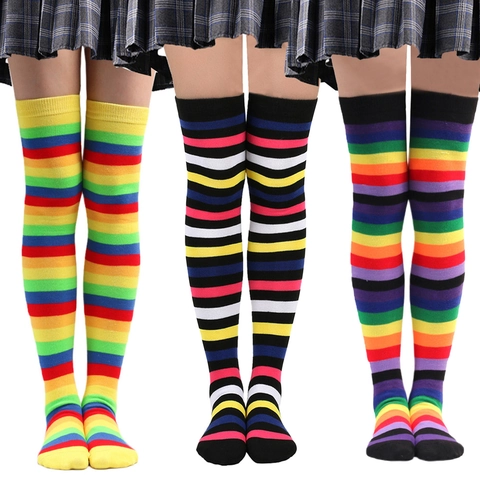 Regenbogen Gestreifte Überknie Strümpfe Oberschenkelhoch Bunt Lang Cosplay Party Baumwollmischung Atmungsaktiv