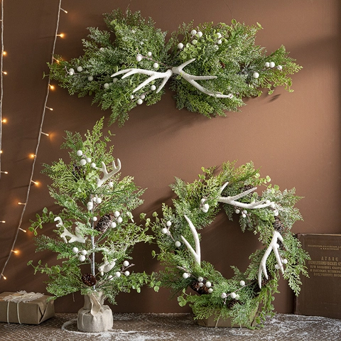 Artificial Christmas Wreath Garland Snowy Cedar White Berries Pinecones Antlers Nordic Forest Style Holiday Home Decor