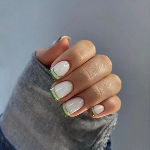 Uñas Postizas A Presión Estilo Francés Línea Verde Cuadradas Desmontables Manicura Para Mujeres