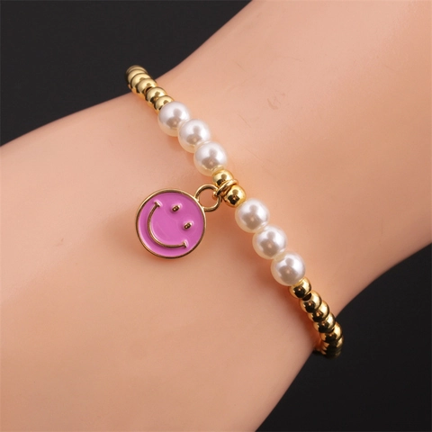 Smiley Face Pendant Bracelet With Copper Beads And Imitation Artificial Pearls Gold Plated Enamel Drip Oil Elastic Trendy Jewelry For Women