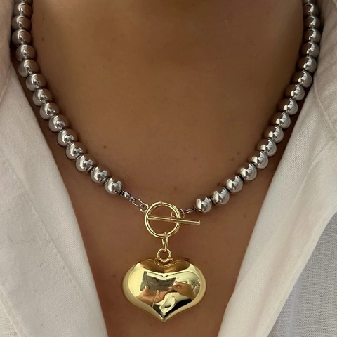 Herz Anhänger Halskette Kupfer Perlenkette Zweifarbig Knebelverschluss Minimalistischer Clavicle Schmuck Damen