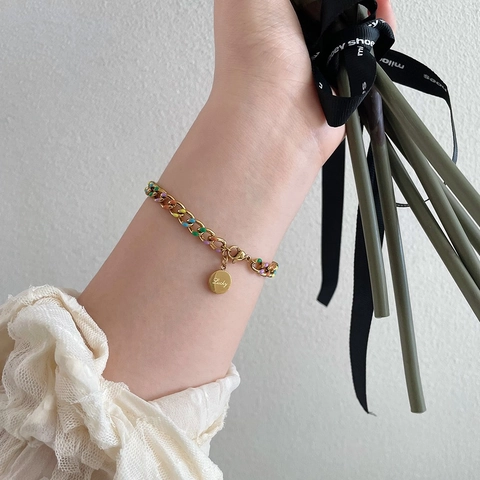 Damen Edelstahl Regenbogen Emaille Glücksmünze Anhänger Armband Klobige Goldkette Buntes Tropföl Mode Schmuck Geschenk