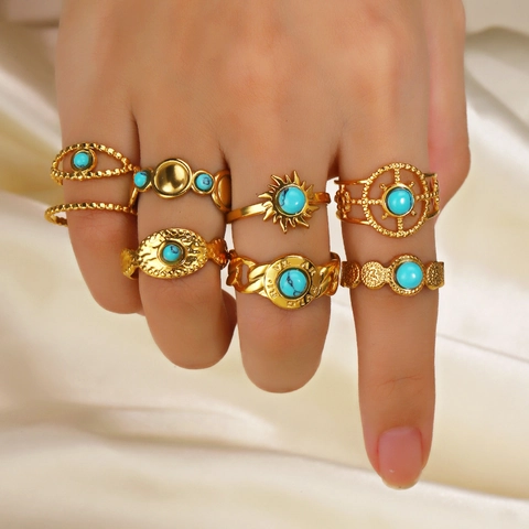 Vintage Bohemian Adjustable Open Ring Stainless Steel Gold Plated Inlaid Natural Stone Turquoise Jewelry For Women Retro
