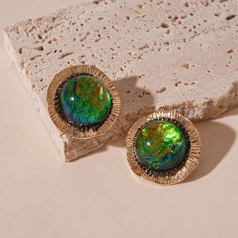 Vintage Round Geometric Stud Earrings With Green Iridescent Resin Inlay Alloy Gold Plated Silver Earring Post