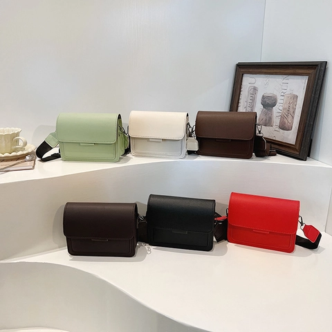 Women Retro PU Leather Crossbody Small Square Bag Minimalist Flap Shoulder Purse With Wide Adjustable Webbing Strap Urban Casual