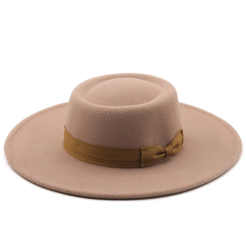 Elegant Wide Brim Boater Hat Woolen Felt Vintage Flat Top Jazz Cap With Ribbon Bow For Women And Men