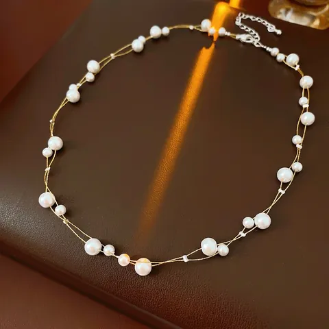 Double Layer Imitation Artificial Pearl Necklace Copper Beaded Clavicle Chain French Retro Elegant Jewelry For Women