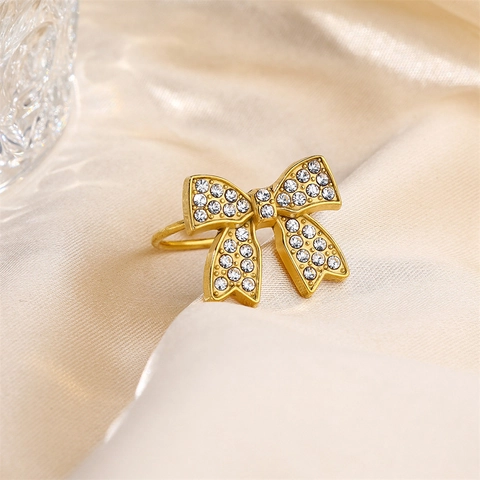 Edelstahl Vergoldet Schleife Blume Kristall Doppelring Mit Kette Verstellbar Süßer Mode Schmuck Für Damen