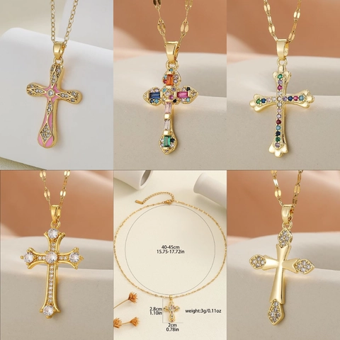 Collana Con Pendente a Croce in Rame Con Zirconia Colorata Malocchio Design Personalizzato Oro Argento Gioielli di Moda Galvanizzati per Donna