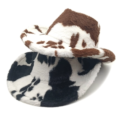 Cow Print Western Cowboyhut Plüsch Kunstfell Breitkrempig Verdickt Warm Winter Mode Outdoor Zubehör Für Damen Party