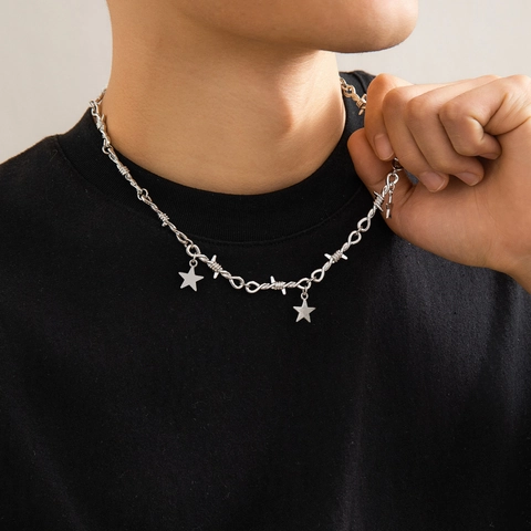 Hip Hop Star Barbed Wire Necklace For Men Silver Color Alloy Punk Style Pentagram Pendant Clavicle Chain Jewelry Gift