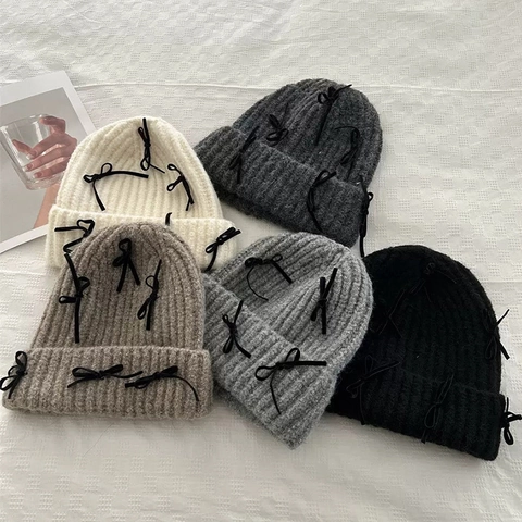 Beanie Muts Wol Gebreid Warm Winter Herfst Fluwelen Strikken Decoratie Zoete Stijl Voor Dames Meisjes
