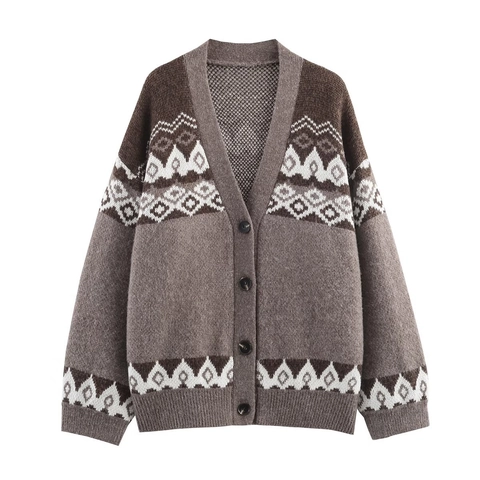 Cardigan In Maglia Jacquard Geometrico Vintage Maglione Scollo A V Con Bottoni Maniche Lunghe Retro Streetwear Per Donne