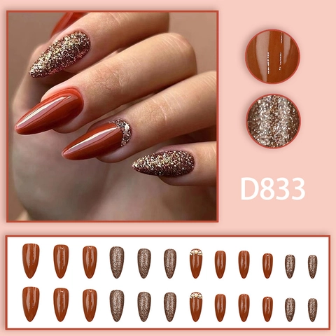 Faux Ongles Amande Champagne Or Brun Pailleté Fini Brillant Avec Strass Et Künstliche Perles Style Élégant Pour Femmes