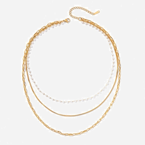 Dreilagige Halskette Edelstahl Vergoldet Faux Künstliche Perle Büroklammer Kette Französischer Stil Damen Schmuck Elegant