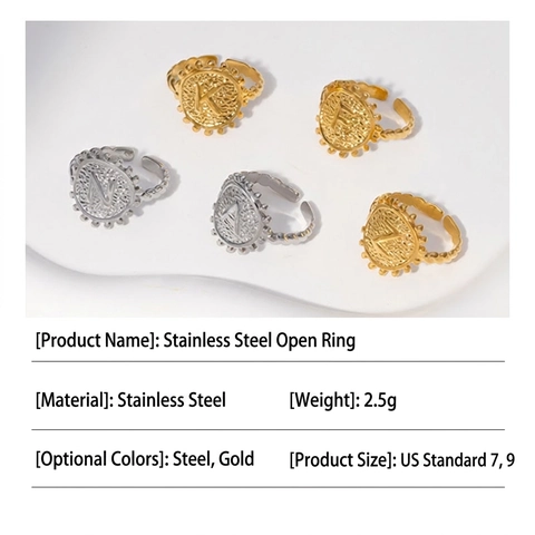 Stainless Steel Initial Letter Signet Ring Retro Hammered Texture Coin Open Adjustable Jewelry For Men And Women