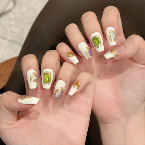 Unghie Finte Fatte a Mano Argento Champagne Lacrime Blu Astratte Stile Pittura a Olio Bara Corta per Donna