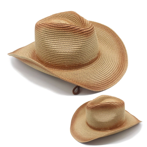Western Cowboy Straw Hat Vintage Gradient Color Wide Brim Foldable Sunshade Outdoor Beach Travel Hat With Windproof Rope