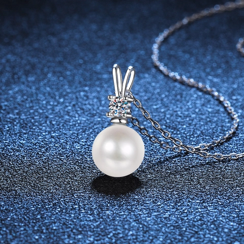 Collana con Ciondolo in Argento Sterling 925 Moissanite Perla Artificiale Elegante Perla di Conchiglia Rotonda Coniglio Corona Catena per Donna Regalo San Valentino