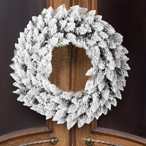 Artificial Christmas Wreath Garland Flocked Snowy White Pine Needle PVC Winter Holiday Home Decor Door Wall Stair Hanging