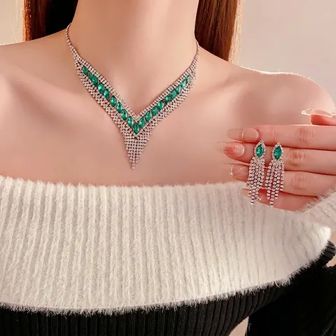 Marquise Green Rhinestone Fringe Necklace And Earrings Copper Jewelry For Women Wedding Evening Party Luxury Vintage