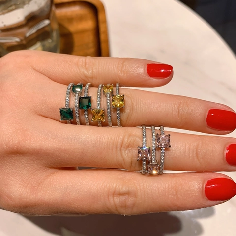 Luxury Square Cubic Zirconia Ring Vintage Copper Gold Plated Multi Layer Band Micro Pave Jewelry For Women