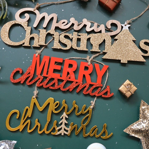 Wooden Merry Christmas Letter Sign Glitter Hanging Plaque Christmas Tree Decor Home Party Festive Ornament