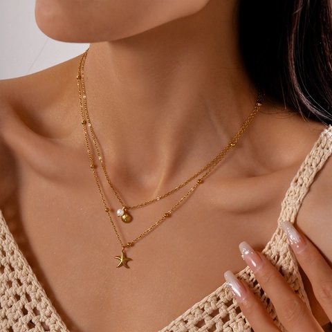Collar De Doble Capa Oro Estrella De Mar Concha Imitación Perla Artificial Colgantes Acero Inoxidable Joyas De Playa Para Mujeres
