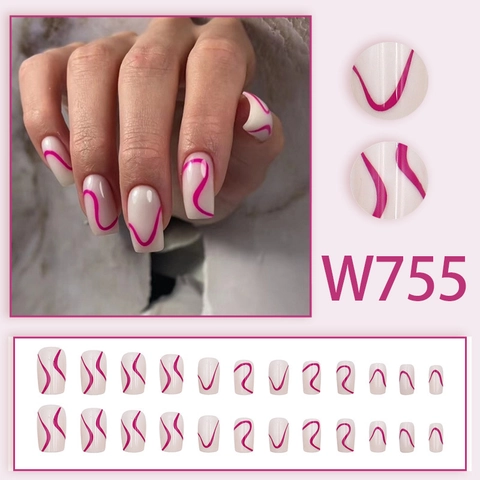Press On Nails Square Round Medium Long Pink Wavy Line Pattern Simple Fashion Plastic Fake Nails With Glue