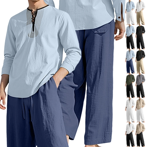 Tenues Homme Mélange Lin Chemise Henley Manches Longues Et Pantalon Large À Cordon Décontracté Vacances Plage Costume