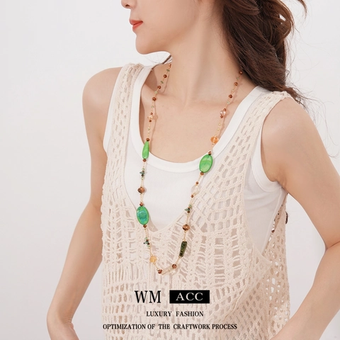 Collier Long Perles Bohème Agate Verte Verre Coquillage Vintage Chaîne De Pull Ethnique Femmes